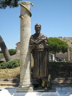 <p>A modern statue of Asclepius from the&nbsp;Asclepium in Pergamos. Notice the snake,&nbsp;which was a symbol associated with Asclepius.&nbsp;This symbol continues to represent medical&nbsp;fields today (photo by Joel Meeker).</p>
