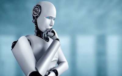 Dangers of Artificial Intelligence (illustration of a robot in a pose like The Thinker)