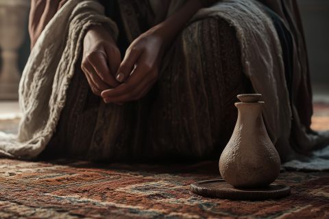 Graphic of a first-century woman's hands and a flask to illustrate the article A Sinful Woman Washes Jesus’ Feet