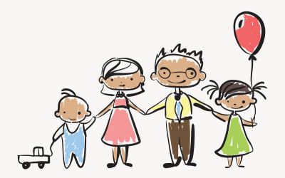 Cartoonish graphic of grandparents holding the hands of two little children to illustrate the  article Grandparenting Challenge: Finding Opportunities to Influence Grandchildren