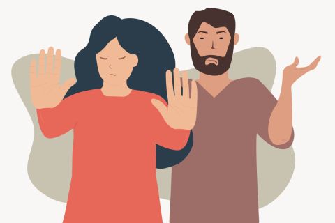 Graphic of woman and man in first-century clothing signaling stop and displeasure. To illustrate the article Jesus Rejected at Nazareth.