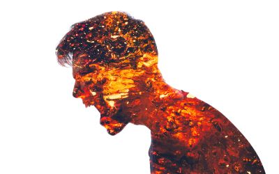 Outline of an angry man with flames inside the outline to illustrate the article 